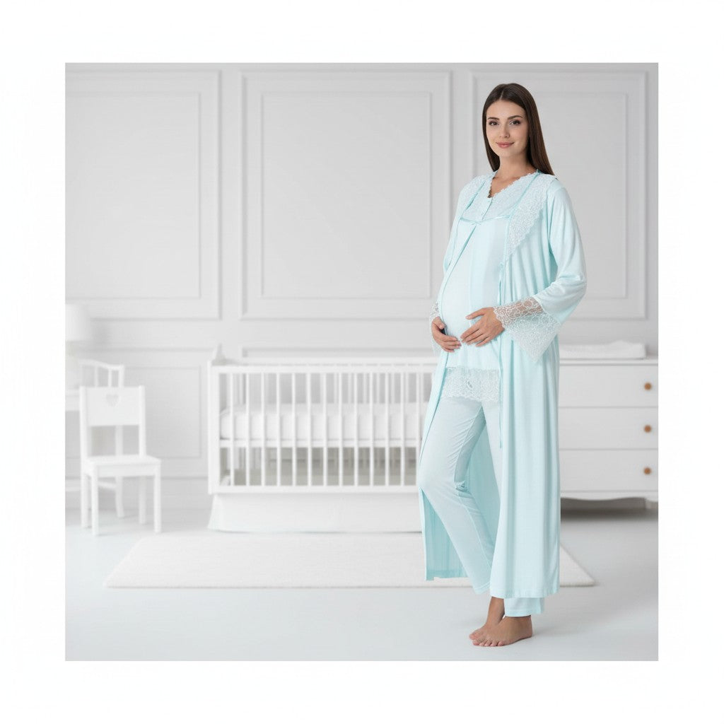 Blue 4-piece maternity set by Mini Plum – bump-friendly fit, side view