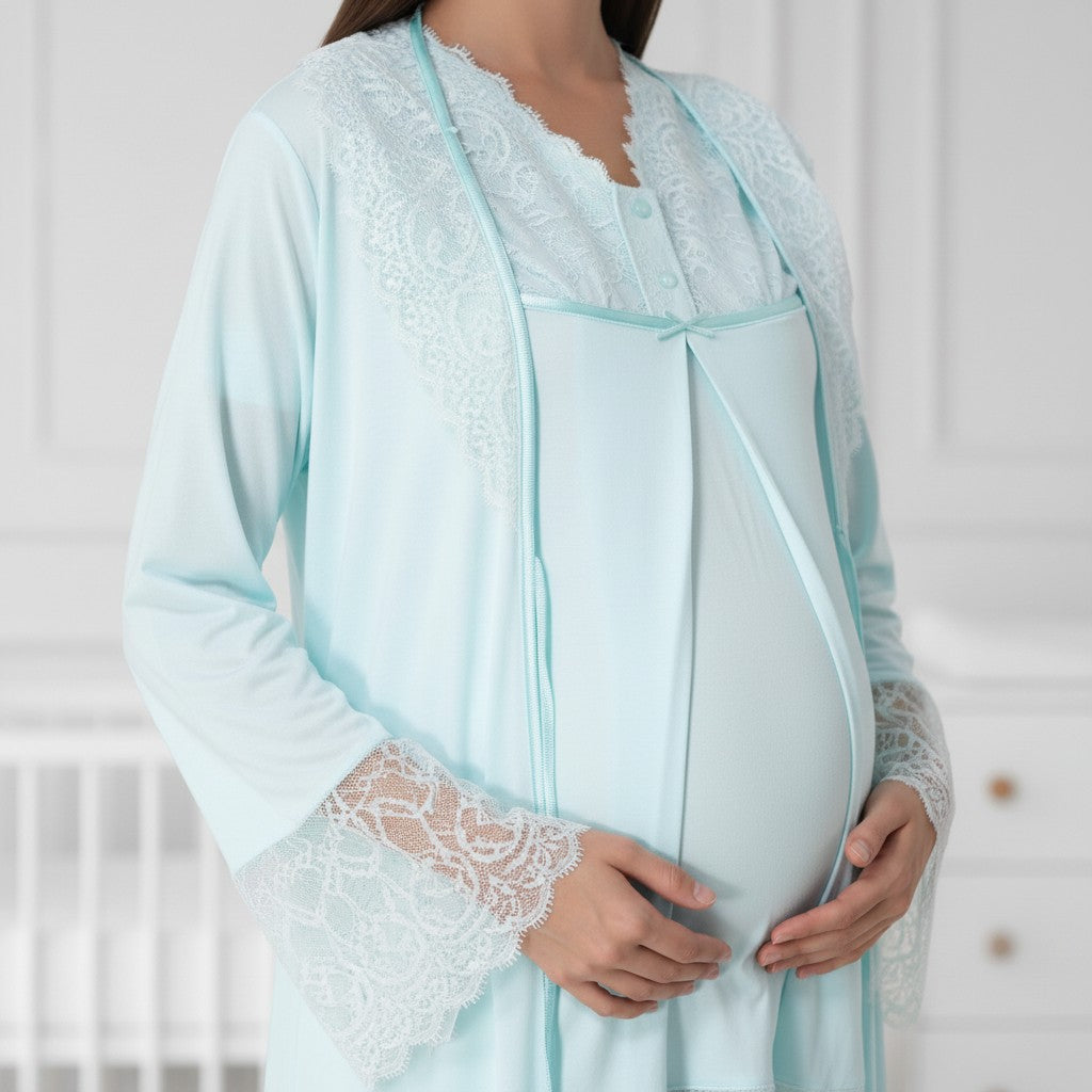 Blue 4-piece maternity set by Mini Plum – close-up of lace detail, soft cotton-modal fabric