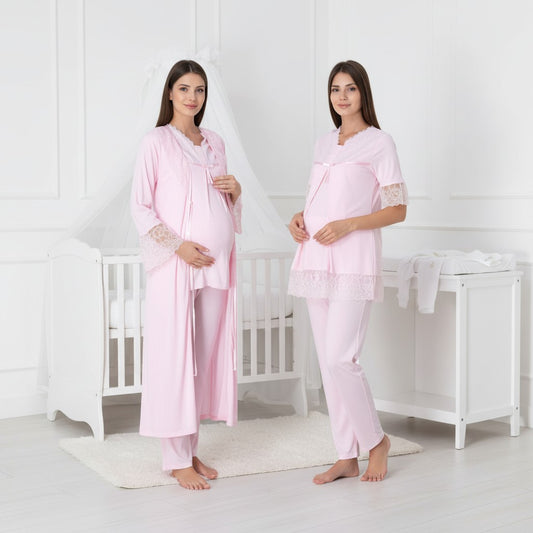 Pink 4-piece maternity set by Mini Plum – nursing nightwear with V-neck, breastfeeding-friendly, hospital bag ready