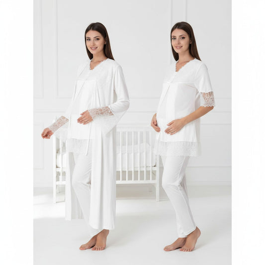 White 4-piece maternity set by Mini Plum – nursing nightwear with V-neck, breastfeeding-friendly, hospital bag ready