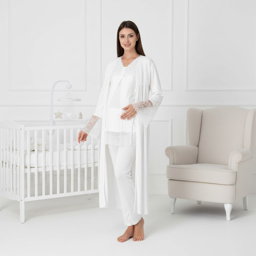 White 4-piece maternity set by Mini Plum – lace detail and V-neck, maternity & nursing