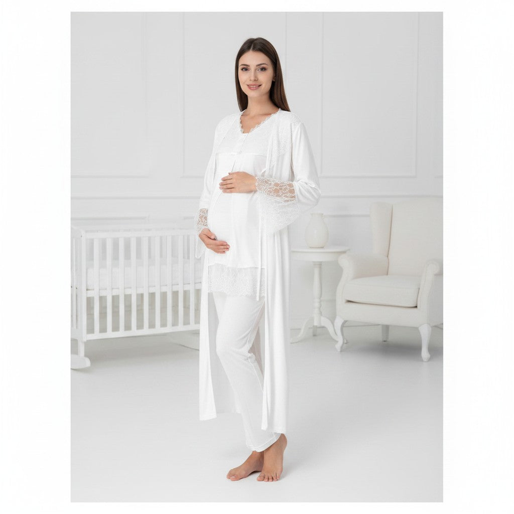 White 4-piece maternity set by Mini Plum – bump-friendly fit, side view