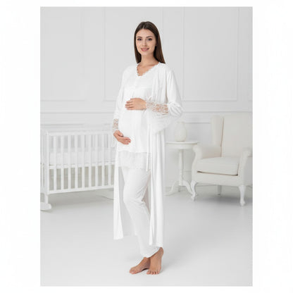 White 4-piece maternity set by Mini Plum – bump-friendly fit, side view