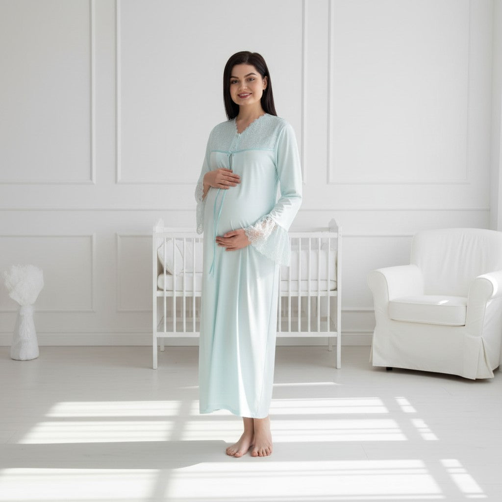 Blue nightie & robe set by Mini Plum – long-sleeve nursing nightwear with V-neck, breastfeeding-friendly, hospital bag ready