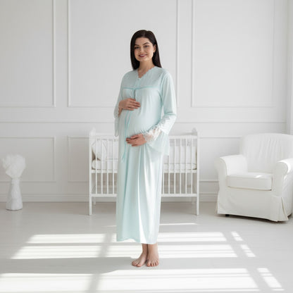 Blue nightie & robe set by Mini Plum – long-sleeve nursing nightwear with V-neck, breastfeeding-friendly, hospital bag ready