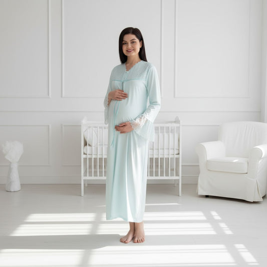 Blue nightie & robe set by Mini Plum – long-sleeve nursing nightwear with V-neck, breastfeeding-friendly, hospital bag ready