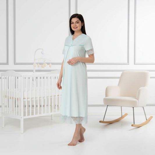 Blue nightie & robe set by Mini Plum – lace detail and V-neck, maternity & nursing