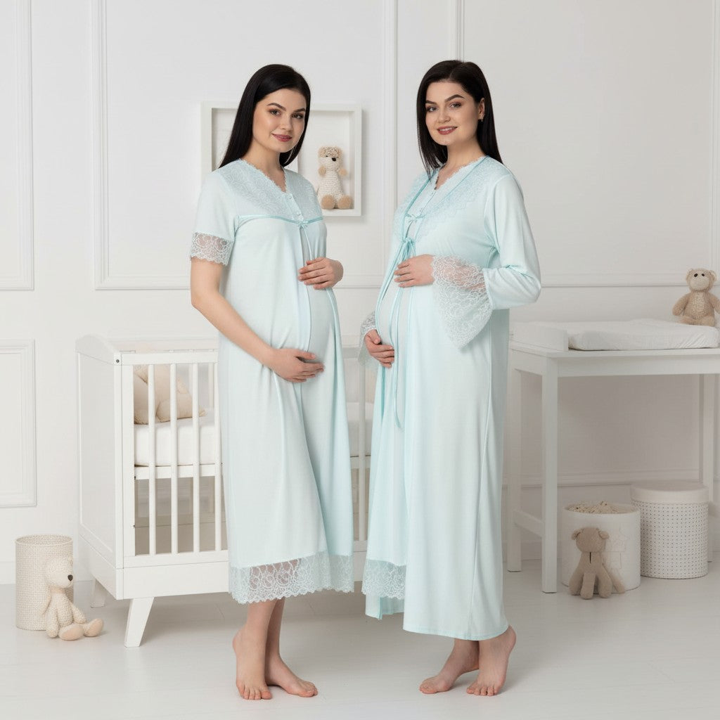 Blue nightie & robe set by Mini Plum – long-sleeve bump-friendly fit, side view