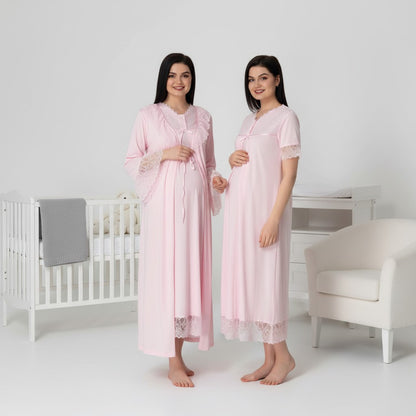 Pink nightie & robe set by Mini Plum – long-sleeve nursing nightwear with V-neck, breastfeeding-friendly, hospital bag ready