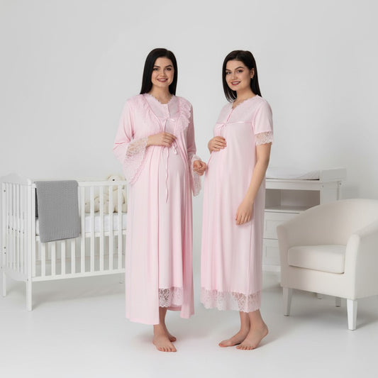 Pink nightie & robe set by Mini Plum – long-sleeve nursing nightwear with V-neck, breastfeeding-friendly, hospital bag ready