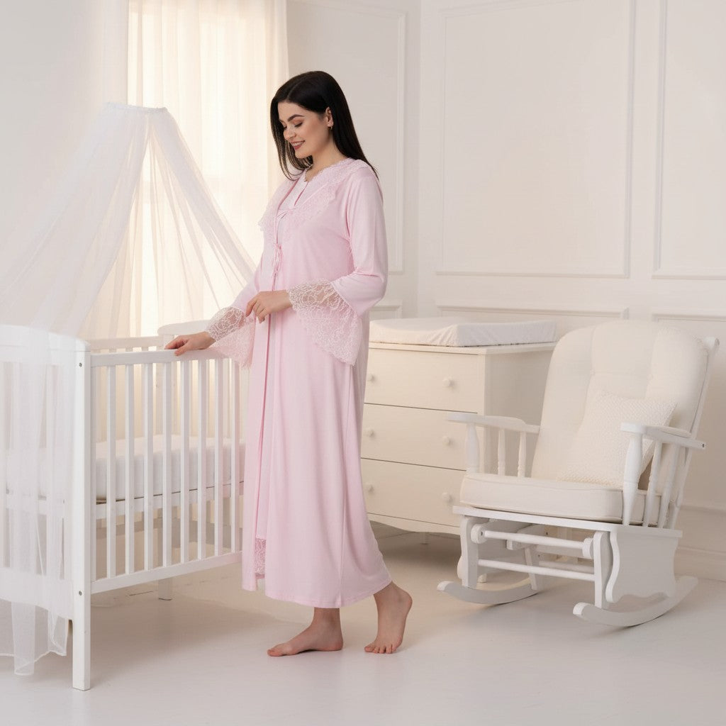 Pink nightie & robe set by Mini Plum – lace detail and V-neck, maternity & nursing