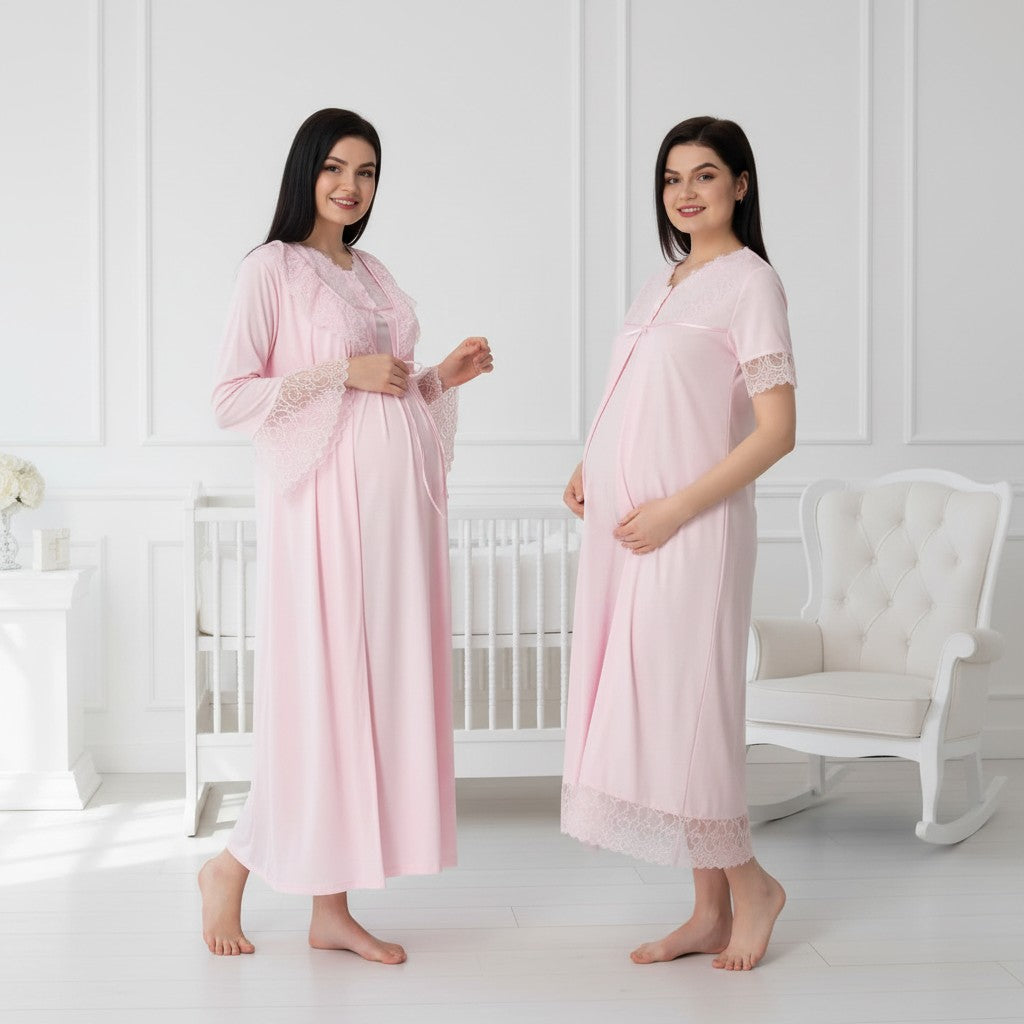 Pink nightie & robe set by Mini Plum – long-sleeve bump-friendly fit, side view