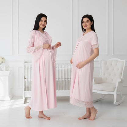 Pink nightie & robe set by Mini Plum – long-sleeve bump-friendly fit, side view