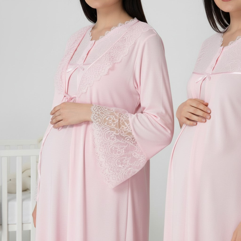 Pink nightie & robe set by Mini Plum – close-up of lace detail, soft cotton-modal fabric