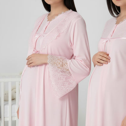 Pink nightie & robe set by Mini Plum – close-up of lace detail, soft cotton-modal fabric
