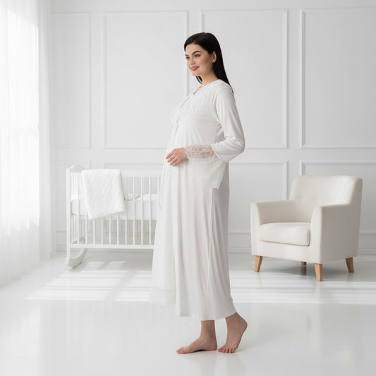 White nightie & robe set by Mini Plum – long-sleeve nursing nightwear with V-neck, breastfeeding-friendly, hospital bag ready