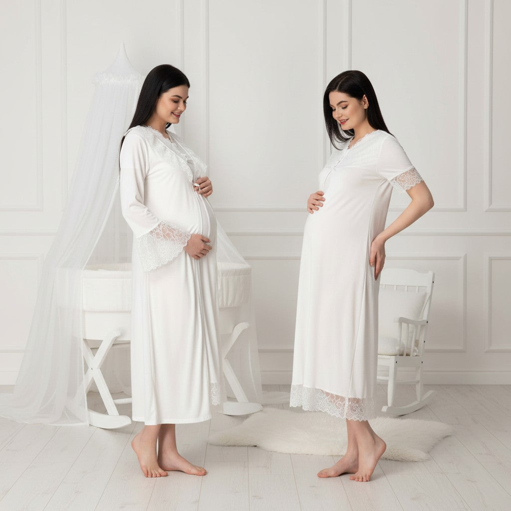 White nightie & robe set by Mini Plum – lace detail and V-neck, maternity & nursing