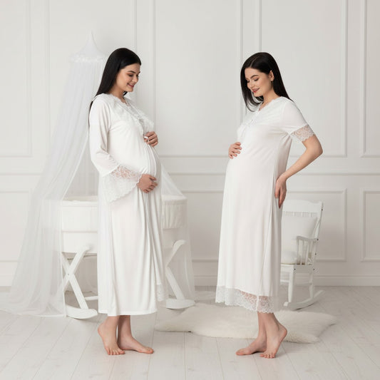 White nightie & robe set by Mini Plum – lace detail and V-neck, maternity & nursing
