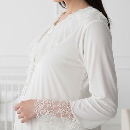 White nightie & robe set by Mini Plum – long-sleeve bump-friendly fit, side view
