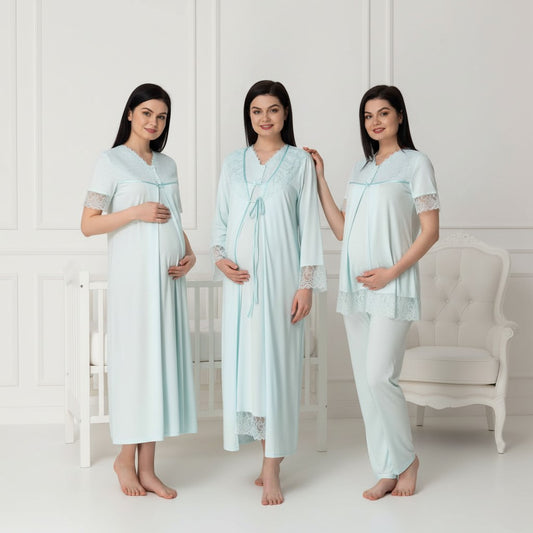 Blue 4-piece maternity set by Mini Plum – nursing nightwear with V-neck, breastfeeding-friendly, hospital bag ready