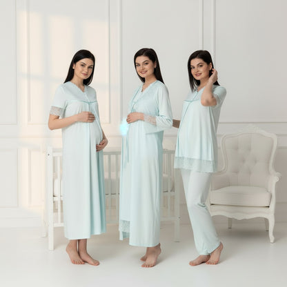 Blue 4-piece maternity set by Mini Plum – bump-friendly fit, side view