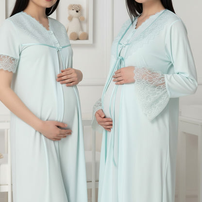 Blue 4-piece maternity set by Mini Plum – full styling view, breastfeeding nightwear