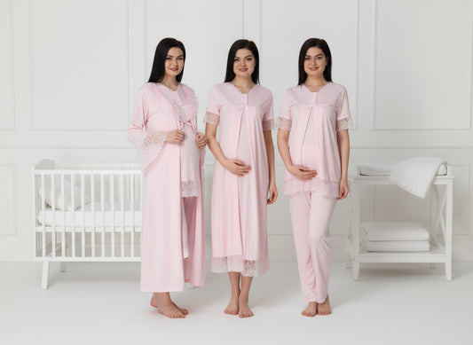 Pink 4-piece maternity set by Mini Plum – nursing nightwear with V-neck, breastfeeding-friendly, hospital bag ready