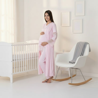 Pink 4-piece maternity set by Mini Plum – close-up of lace detail, soft cotton-modal fabric