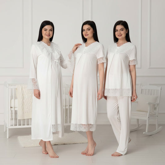 White 4-piece maternity set by Mini Plum – nursing nightwear with V-neck, breastfeeding-friendly, hospital bag ready