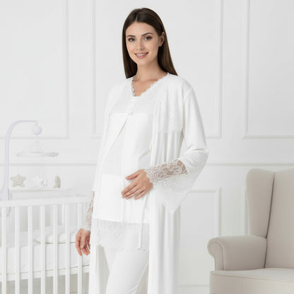 White 4-piece maternity set by Mini Plum – lace detail and V-neck, maternity & nursing
