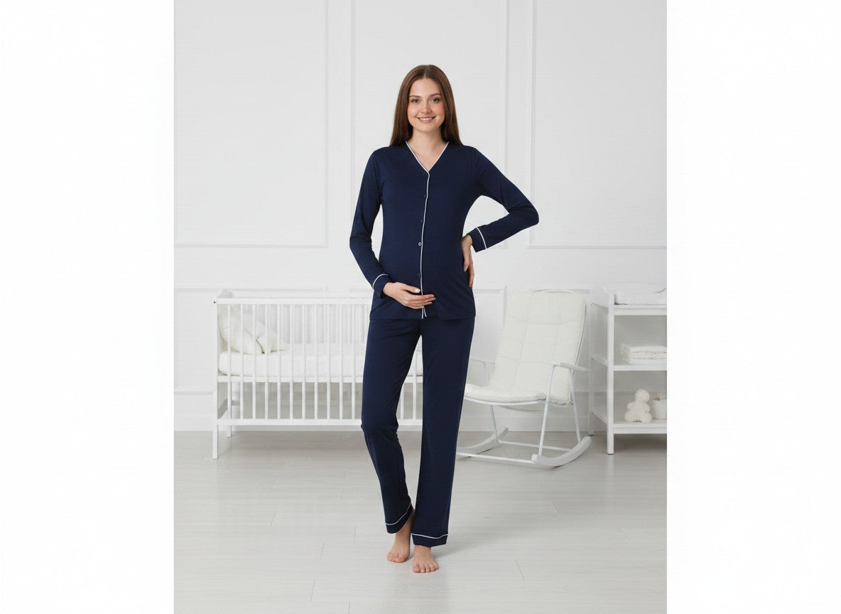 Navy maternity pyjamas by Mini Plum – button-front nursing opening and V-neck, maternity & nursing