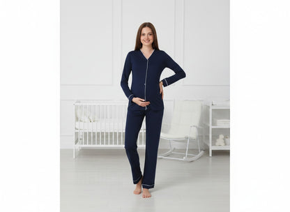 Navy maternity pyjamas by Mini Plum – button-front nursing opening and V-neck, maternity & nursing