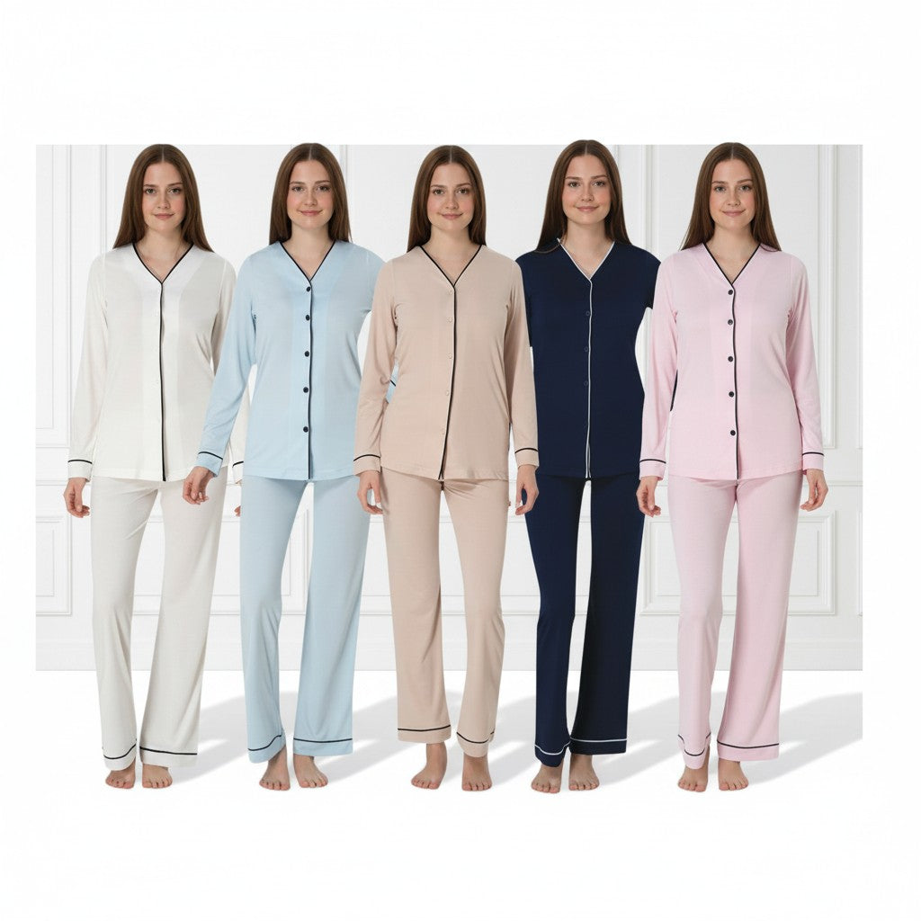 Pink maternity pyjamas by Mini Plum – button-front nursing opening and V-neck, maternity & nursing