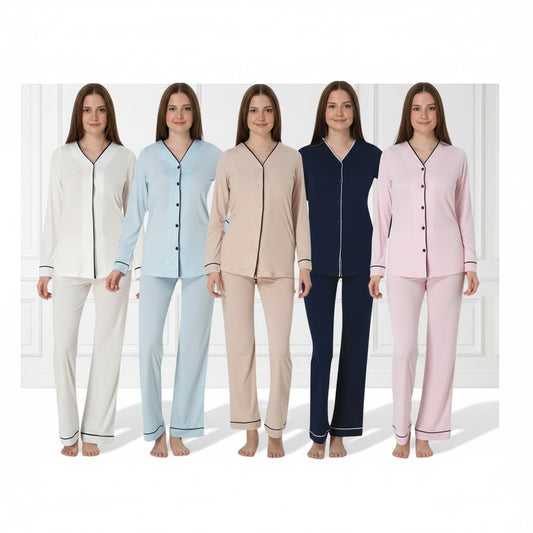 Pink maternity pyjamas by Mini Plum – button-front nursing opening and V-neck, maternity & nursing