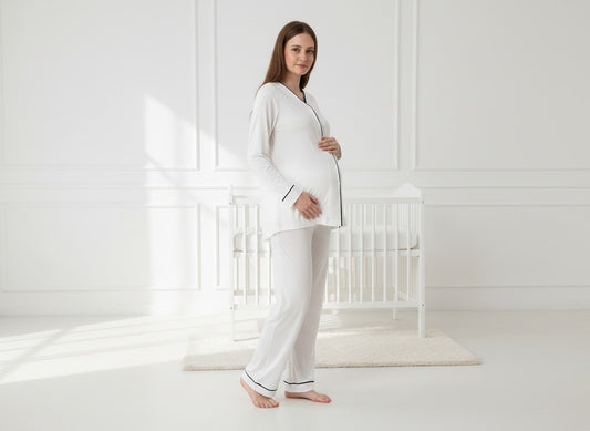 White maternity pyjamas by Mini Plum – button-front nursing opening and V-neck, maternity & nursing