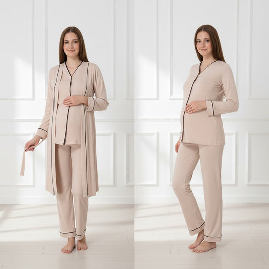 Beige pyjama & robe set by Mini Plum – long-sleeve nursing nightwear with V-neck, breastfeeding-friendly, hospital bag ready