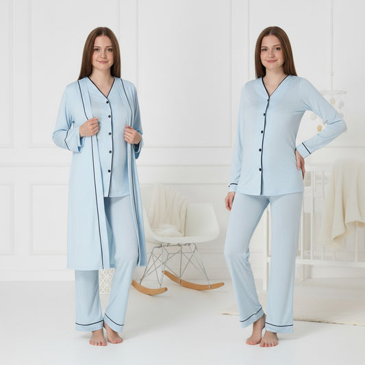 Blue pyjama & robe set by Mini Plum – long-sleeve nursing nightwear with V-neck, breastfeeding-friendly, hospital bag ready