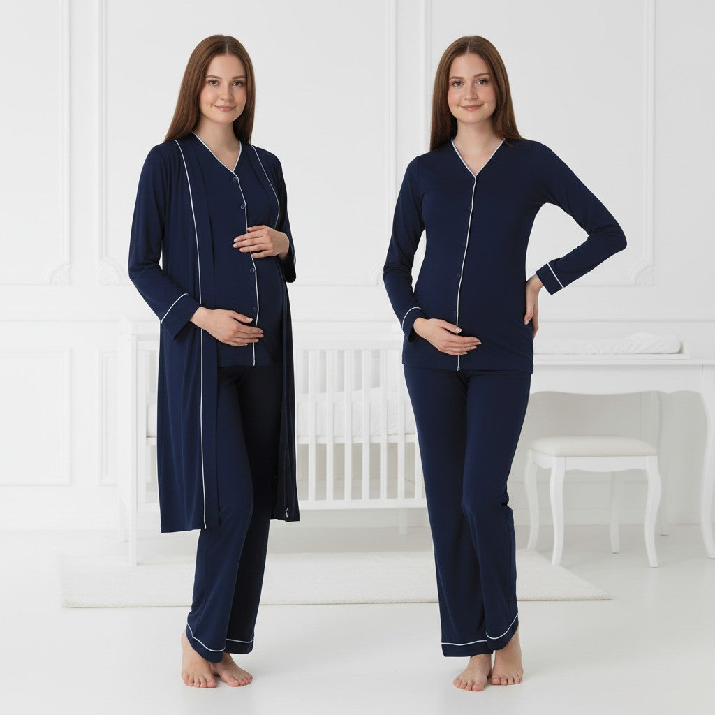Navy pyjama & robe set by Mini Plum – long-sleeve nursing nightwear with V-neck, breastfeeding-friendly, hospital bag ready