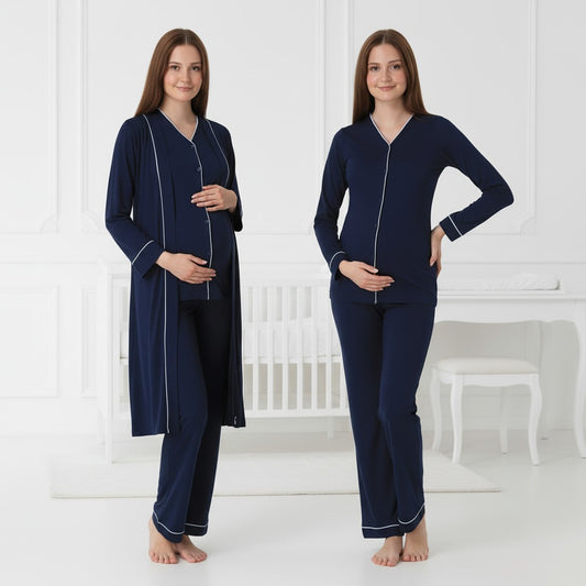 Navy pyjama & robe set by Mini Plum – long-sleeve nursing nightwear with V-neck, breastfeeding-friendly, hospital bag ready