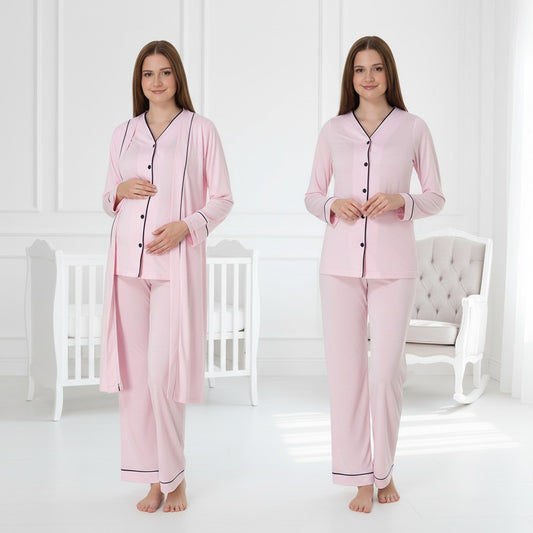 Pink pyjama & robe set by Mini Plum – long-sleeve nursing nightwear with V-neck, breastfeeding-friendly, hospital bag ready