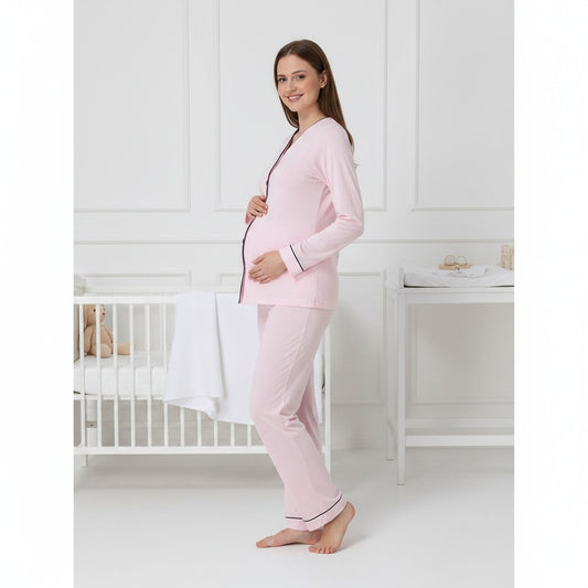 Pink pyjama & robe set by Mini Plum – contrast piping and V-neck, maternity & nursing