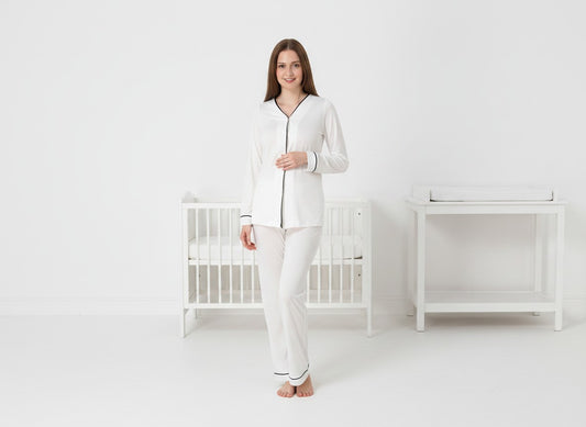 White pyjama & robe set by Mini Plum – contrast piping and V-neck, maternity & nursing
