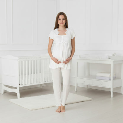 White maternity pyjamas by Mini Plum – short-sleeve nursing nightwear with square neck, breastfeeding-friendly, hospital bag ready