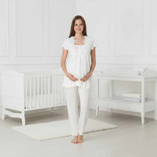 White maternity pyjamas by Mini Plum – short-sleeve nursing nightwear with square neck, breastfeeding-friendly, hospital bag ready