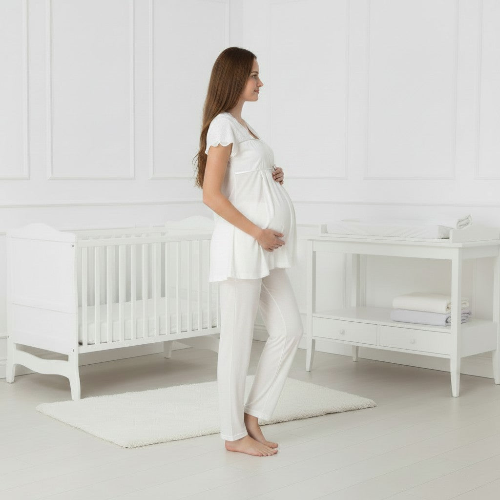 White maternity pyjamas by Mini Plum – short-sleeve with button-front nursing opening, side view