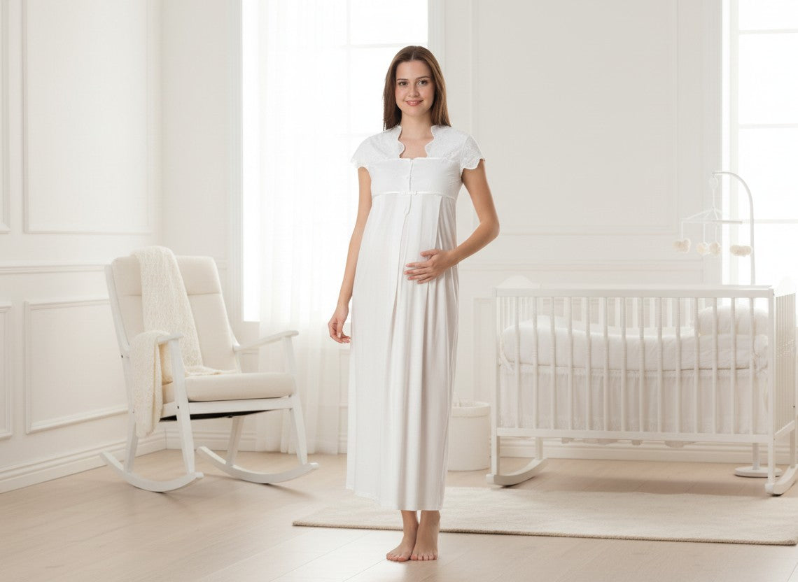 White maternity nightdress by Mini Plum – short-sleeve nursing nightwear with square neck, breastfeeding-friendly, hospital bag ready