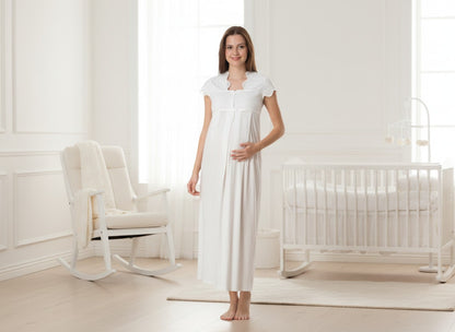 White maternity nightdress by Mini Plum – short-sleeve nursing nightwear with square neck, breastfeeding-friendly, hospital bag ready