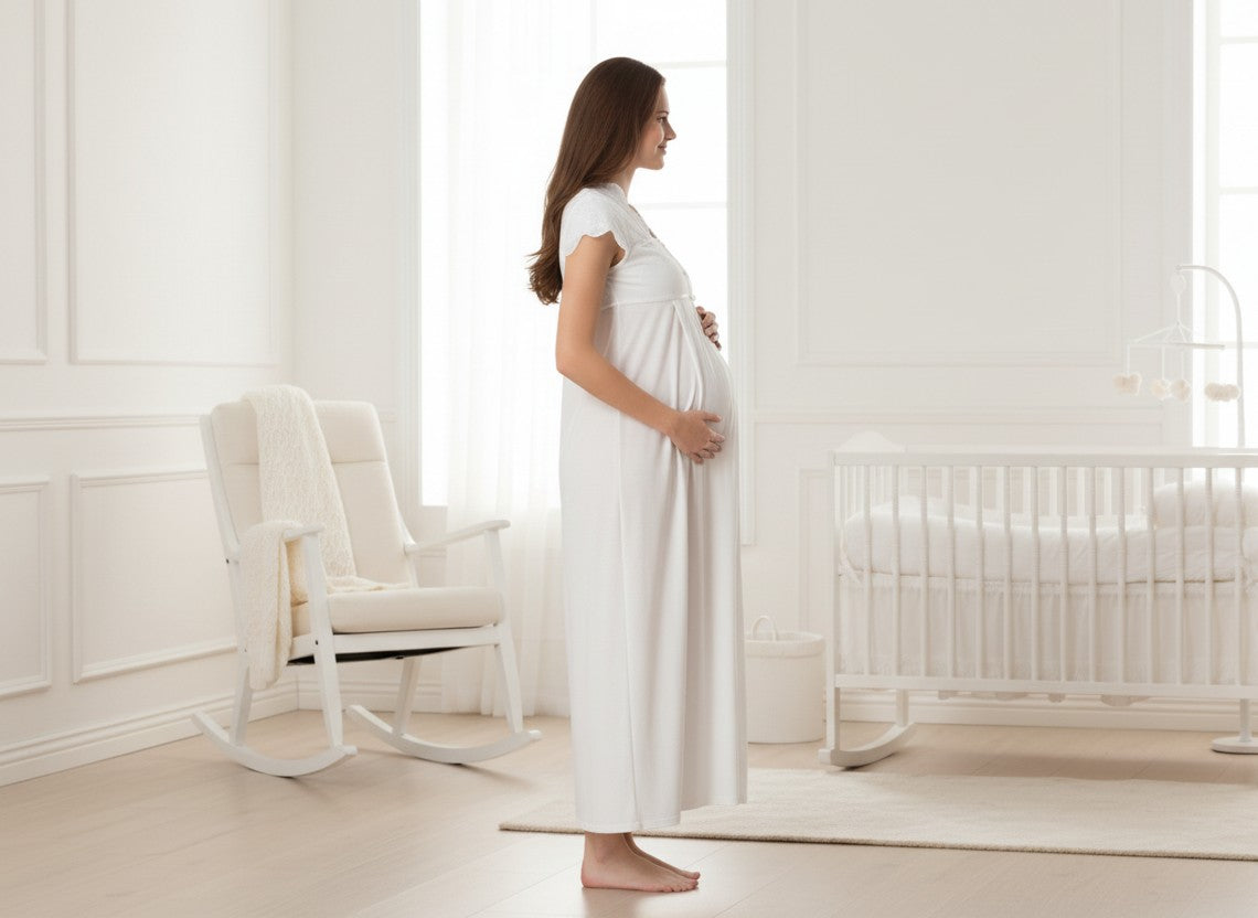 White maternity nightdress by Mini Plum – close-up of lace detail, soft cotton-modal fabric
