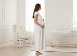 White maternity nightie by Mini Plum – long-sleeve breastfeeding nightwear, fabric detail