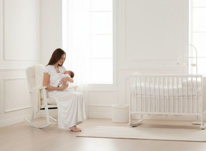 White maternity nightdress by Mini Plum – full styling view, short-sleeve breastfeeding nightwear